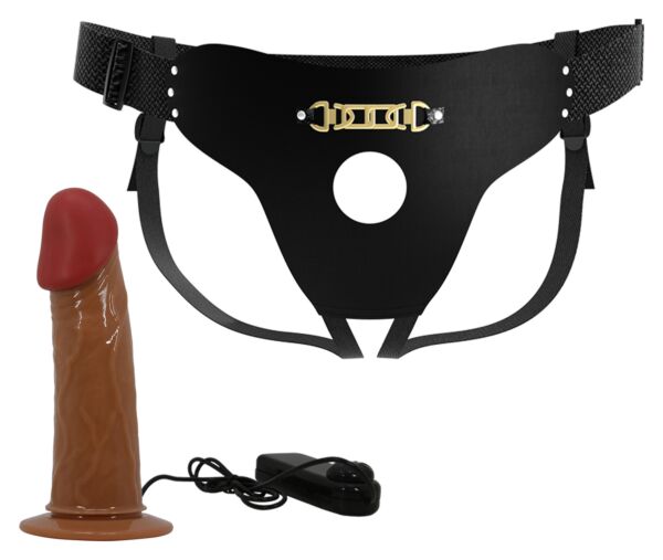 Gode ceinture Party Up Nelson noir avec sa gaine creuse marron et sa commande filaire