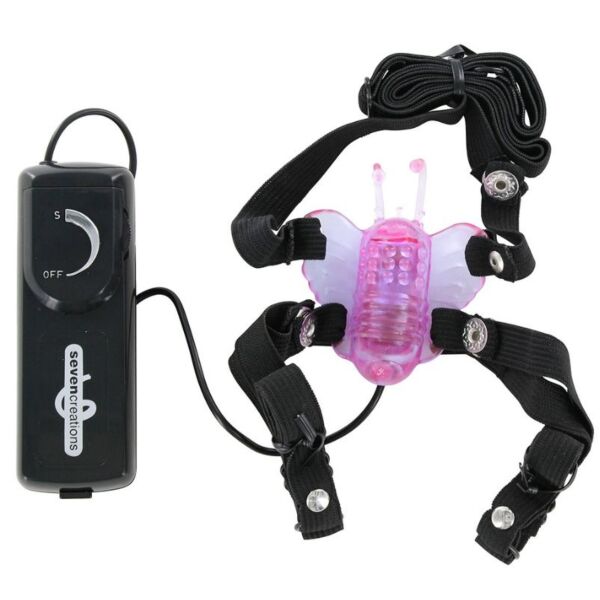 Stimulateur clitoridien Seven Creations Butterfly en forme de papillon, avec des sangles et une commande reliée par un câble