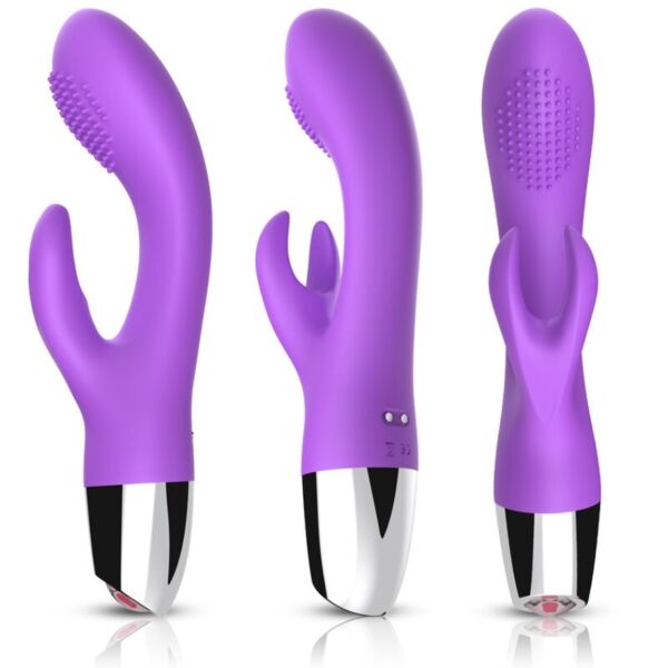 Vibromasseur rabbit Armony en silicone et ABS, courbe et fin, avec un bulbe fin et un stimulateur pour le clitoris