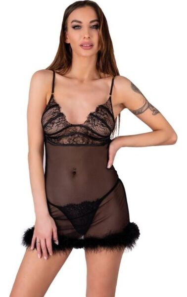 Babydoll Livco Corsetti Zerunam noir, en tulle à fines bretelles, avec string assorti