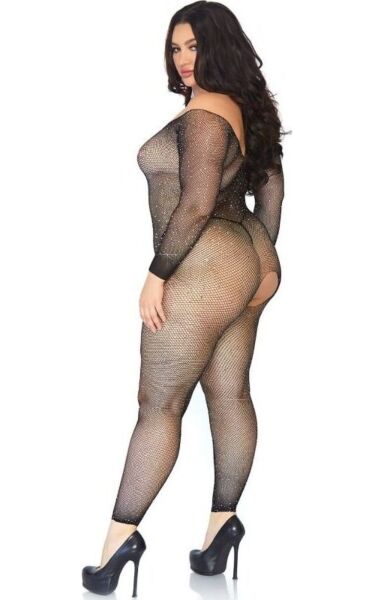 Bodystocking résille noir Leg Avenue Plus Seamless Fishnet, à manches longues et strass
