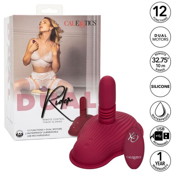 Vibromasseur à chevaucher CalExotics Dual Rider Thrust & Grind en rouge, avec sa télécommande