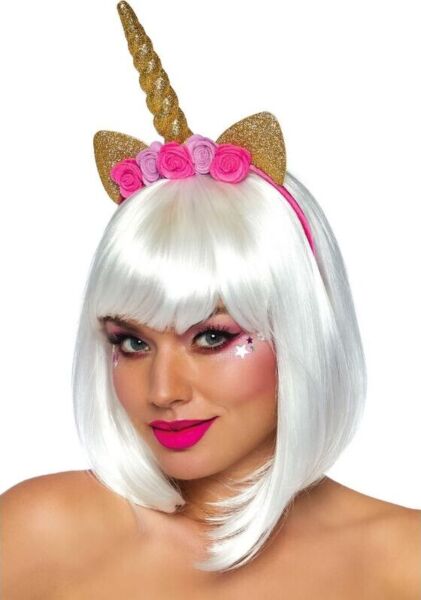Serre-tête licorne Leg Avenue Golden Unicorn Flower, avec corne dorée en spirale, oreilles brillantes et roses roses