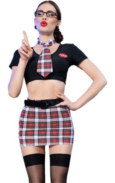 Costume de collégienne Chilirose CR 4425 avec top noir, minijupe à carreaux, cravate, lunettes et bas
