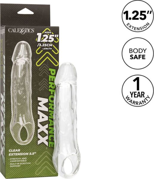Gaine pénienne transparente CalExotics Performance Maxx Clear Extension 5,5, avec sa sangle pour le scrotum