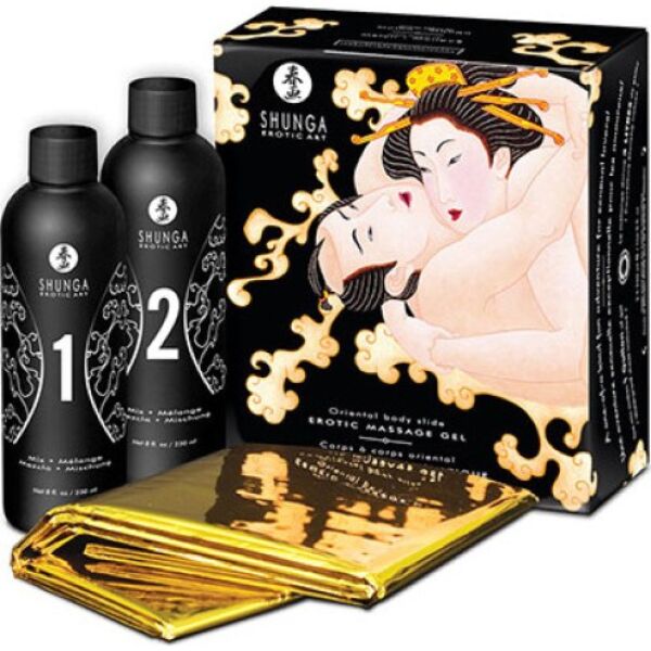 Kit de gel de massage corps à corps Shunga Oriental avec son drap doré