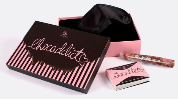 Jeu érotique Secret Play Chocaddict avec ses cartes, le bandeau et le marqueur corporel au chocolat