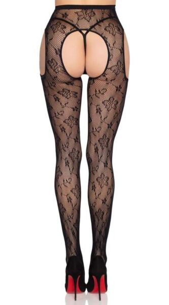 Collant Leg Avenue Esme 1967 en résille noire à motif floral et effet porte-jarretelles