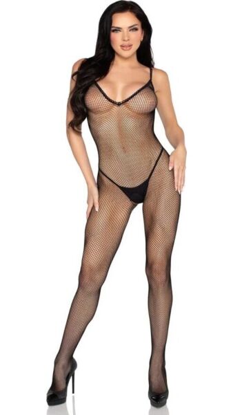 Bodystocking Leg Avenue 89375 en résille noire, avec finitions au crochet et ouverture à l'entrejambe