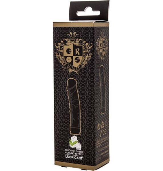 Lubrifiant Eros Action Cooling Effect 100 ml dans son flacon noir en forme de gode réaliste