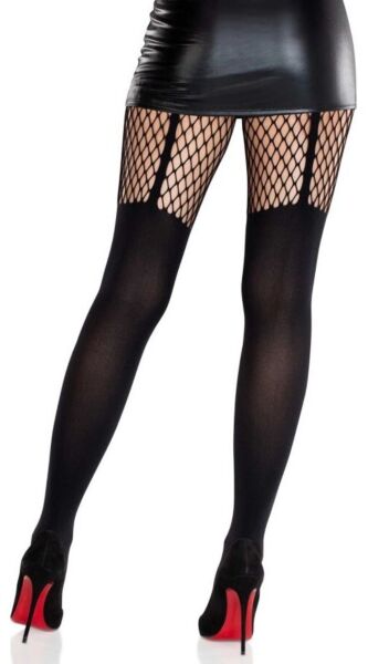 Collants noirs Leg Avenue Jett Garter Illusion, opaques avec une résille sur la cuisse qui imite un porte-jarretelles