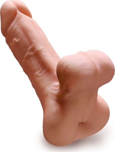 Masturbateur PDX Male Reach Around avec entrée anale, pénis extérieur aux veines en relief et testicules réalistes