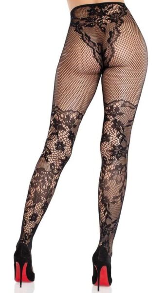 Collant en dentelle Leg Avenue Dahlia Lace Tights noir, avec dentelle florale et résille sur la cuisse