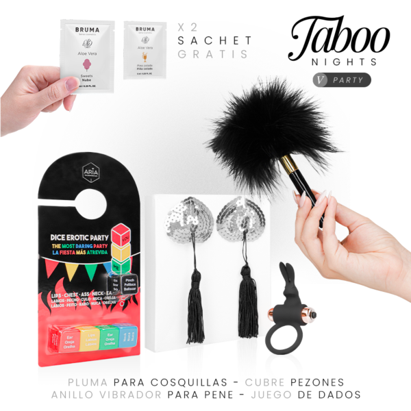 Coffret érotique Taboo Nights 5: Party avec jeu de dés, anneau vibrant, cache-tétons, plumeau et gels lubrifiants