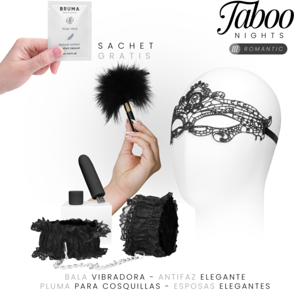 Coffret Taboo Nights 3 Romantic Dreamkit avec masque, mini-vibromasseur, liens en dentelle noire, plumes et gel lubrifiant
