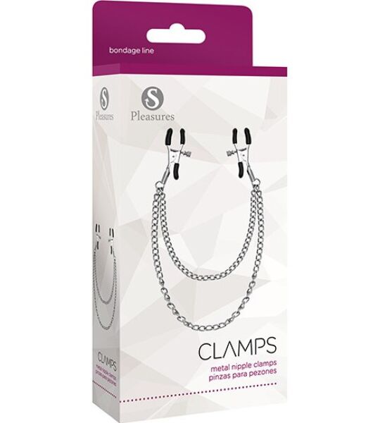 Pinces à tétons S Pleasures Metal Nipple Clamps argentées, reliées par leur chaîne