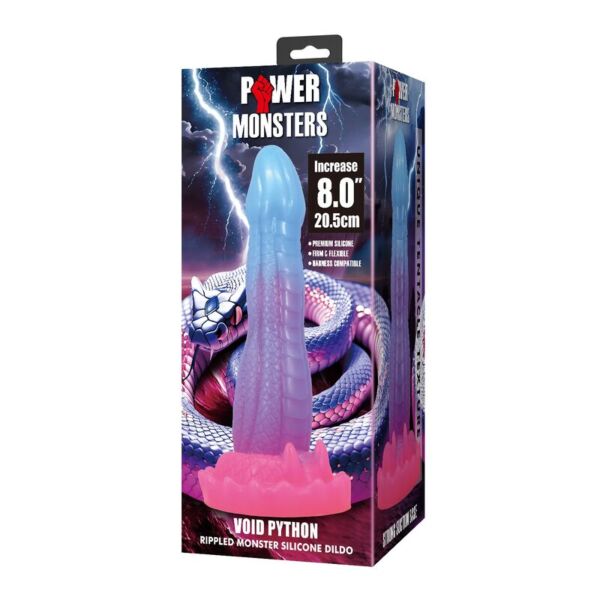 Gode Power Monsters Void Python à texture écailleuse, avec ventouse et dégradé de bleu, de lilas et de rose