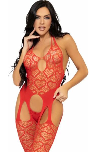 Bodystocking Leg Avenue Love Hangover en résille à cœurs, avec top à col licou et porte-jarretelles