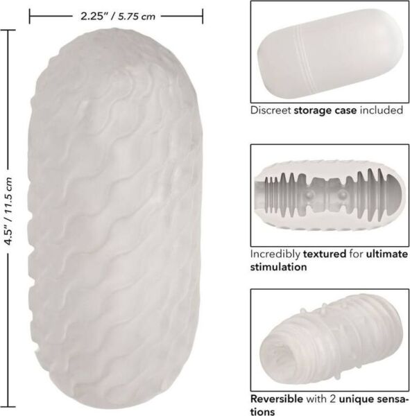 Masturbateur CalExotics Boundless Reversible Ribbed Stroker blanc à côté de son étui