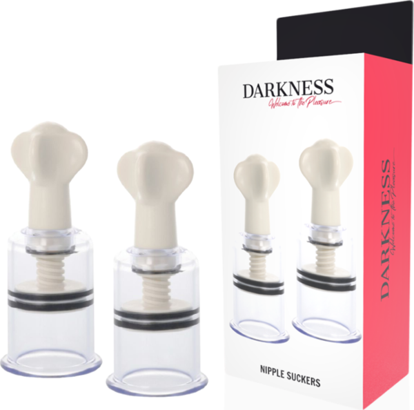 Ventouses pour tétons Darkness, set de deux coupelles en plastique blanc et transparent avec poignée