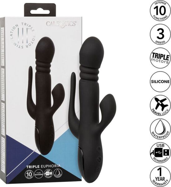 Vibromasseur rabbit CalExotics Triple Euphoria avec tige, stimulateur clitoridien à succion et queue