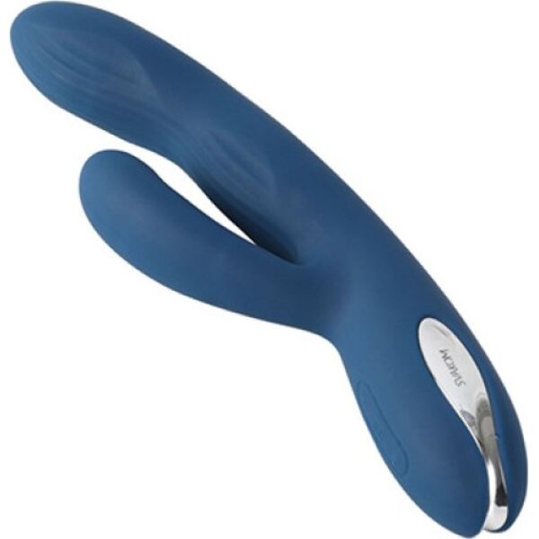 Vibromasseur rabbit SVAKOM Aylin bleu foncé, avec son embout pour le point G et son bras pour le clitoris
