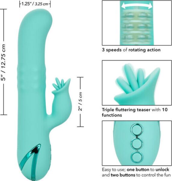 Vibromasseur rabbit CalExotics Bel Air Bombshell, avec sa tige rotative et son stimulateur externe