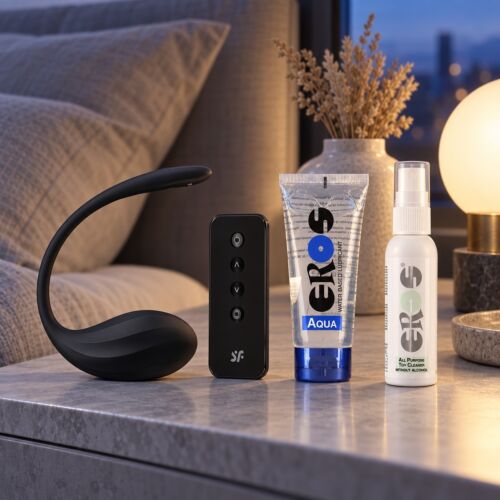 Coffret vibromasseur portable avec application pour couples à distance – mise en scène d'ambiance (image générée par IA)