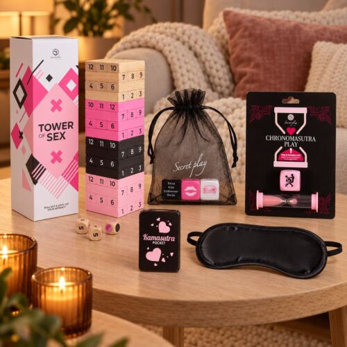Coffret de jeux érotiques pour couples avec tour, dés et cartes – mise en scène d'ambiance (image générée par IA)