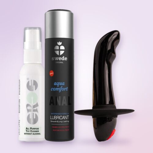 Coffret prostate débutant avec vibromasseur à base large – mise en scène d'ambiance (image générée par IA)