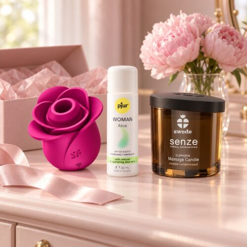 Coffret cadeau pour elle avec Satisfyer Pro 2 et bougie de massage – mise en scène d'ambiance (image générée par IA)