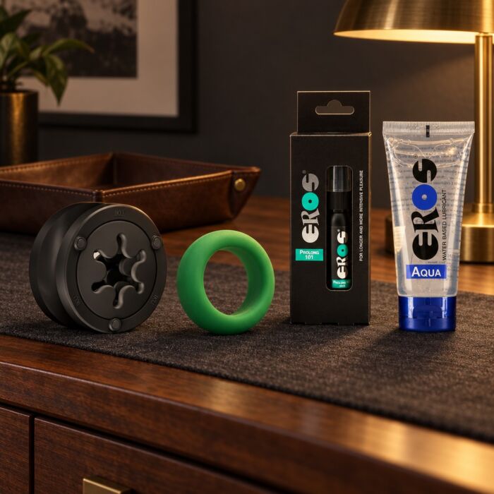 Coffret homme avec masturbateur réutilisable Fun Factory, anneau et spray – mise en scène d'ambiance (image générée par IA)