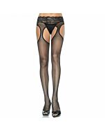 Leg Avenue Collant en dentelle noire effet porte-jarretelles taille