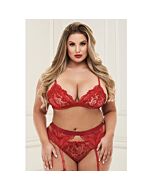 3pc lace garter set red- conjunto rojo encaje