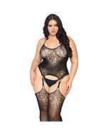 Bodystocking en dentelle sans couture avec porte-jarretelles - noir