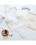 Ensemble soutien-gorge et culotte motif floral et transparences - Blanc