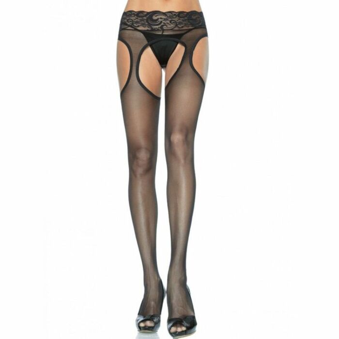 Leg Avenue Collant en dentelle noire effet porte-jarretelles taille