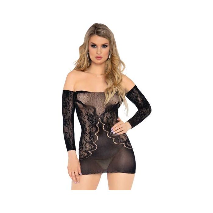 Robe courte en dentelle à manches longues - noir