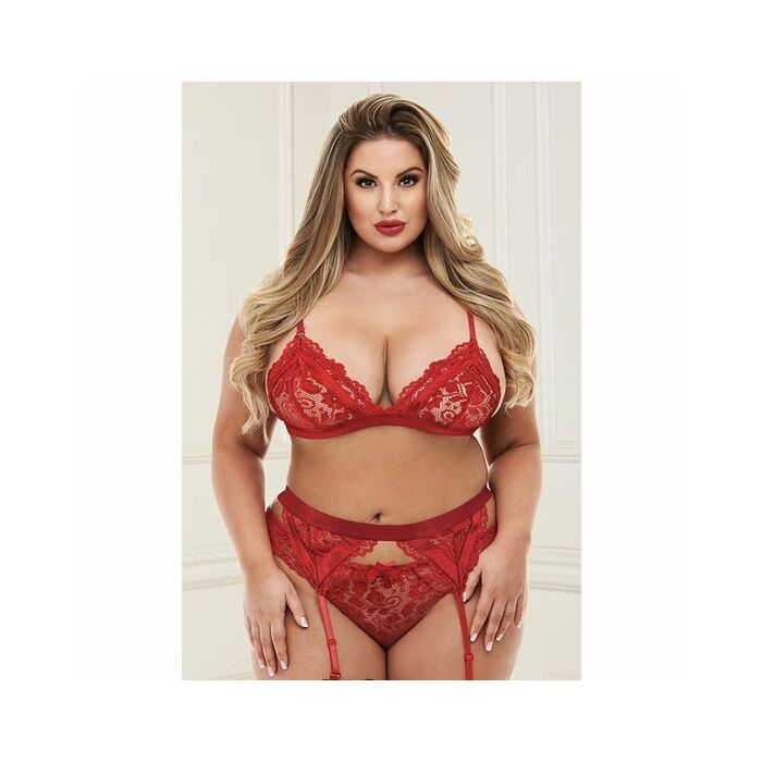 3pc lace garter set red- conjunto rojo encaje