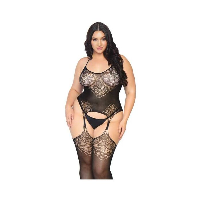 Bodystocking en dentelle sans couture avec porte-jarretelles - noir