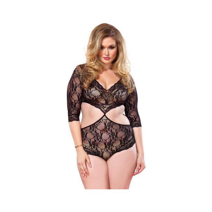 Leg avenue dentelle florale teddy avec décolleté profond, plus simulant deux pièces noir
