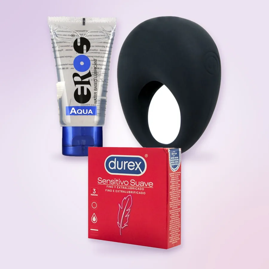 L'anneau vibrant Pretty Love Trap, la boîte de Durex Sensitivo Suave et le lubrifiant EROS Aqua